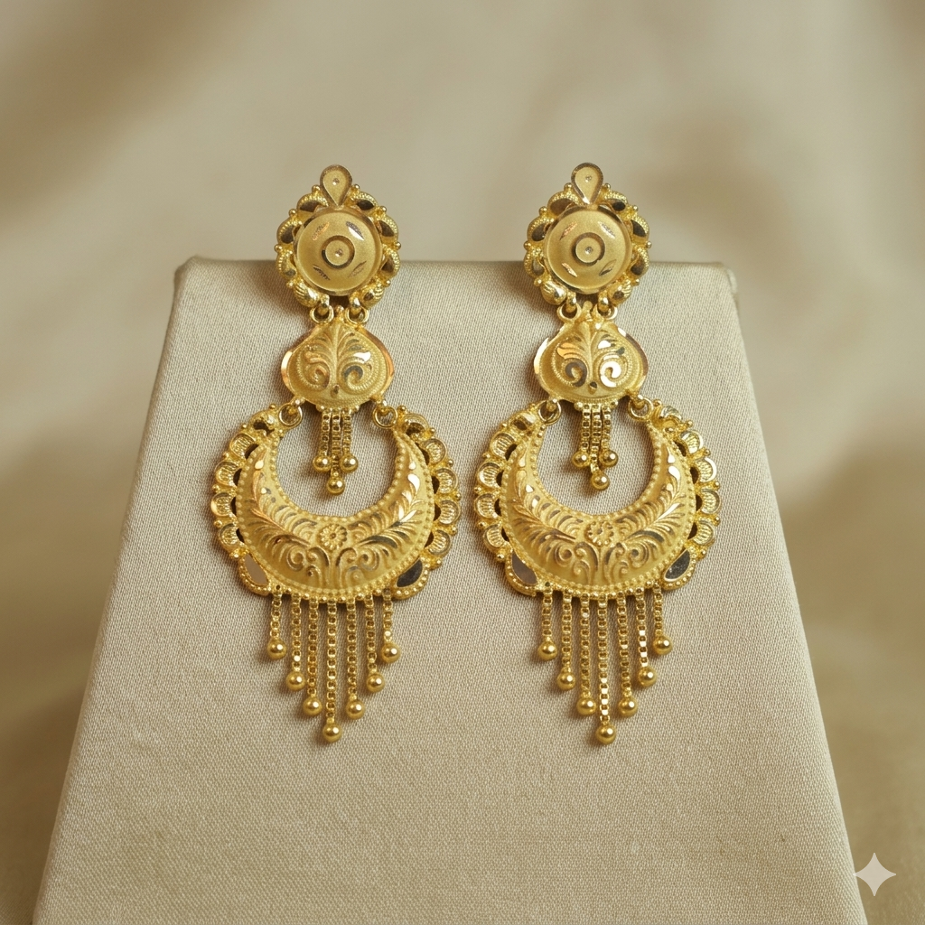 Traditional 20kt Gold Chandbali Jhaala Earrings