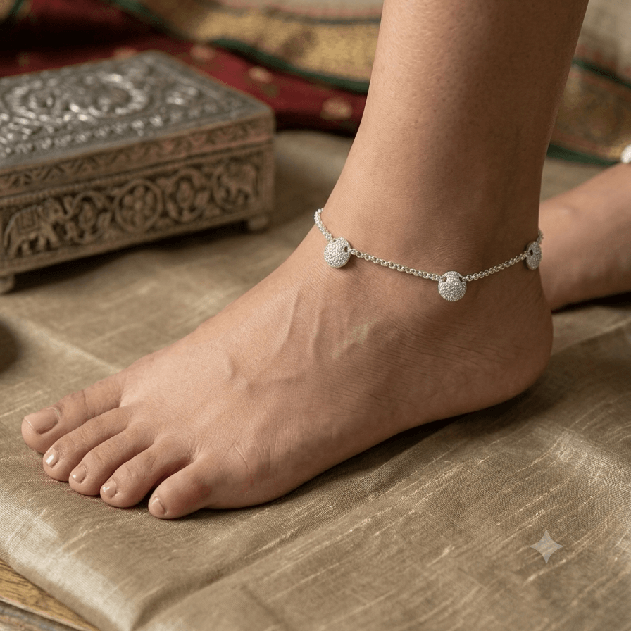 Minimalist Silver Anklet with Textured Charm Drops